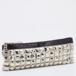Pre Owned Burberry Off White/Black Fabric and Croc Embossed Patent Leather Embellished Wristlet Clutch
