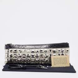 Pre Owned Burberry Off White/Black Fabric and Croc Embossed Patent Leather Embellished Wristlet Clutch