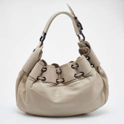 Pre Owned Burberry Light Beige Leather Drawstring Warrior Hobo