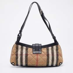 Pre Owned Burberry Beige/Black Quilted House Check Canvas and Leather Shoulder Bag