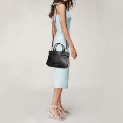 Pre Owned Burberry Black/Beige Leather and House Check Fabric Small Banner Tote
