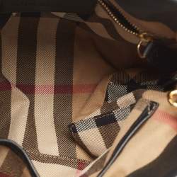 Pre Owned Burberry Black/Beige Leather and House Check Fabric Small Banner Tote