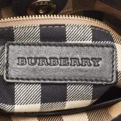 Pre Owned Burberry Black/Beige Leather and House Check Fabric Small Banner Tote