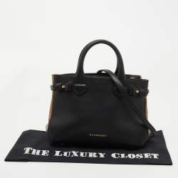 Pre Owned Burberry Black/Beige Leather and House Check Fabric Small Banner Tote