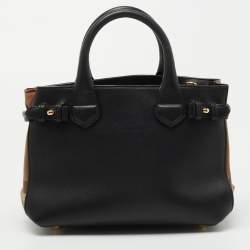 Pre Owned Burberry Black/Beige Leather and House Check Fabric Small Banner Tote