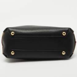 Pre Owned Burberry Black/Beige Leather and House Check Fabric Small Banner Tote