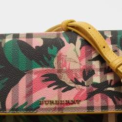 Pre Owned Burberry Multicolor Haymarket Check Floral Coated Canvas and Leather Izzy Wallet on Chain
