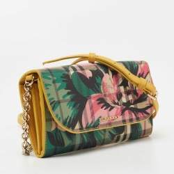 Pre Owned Burberry Multicolor Haymarket Check Floral Coated Canvas and Leather Izzy Wallet on Chain