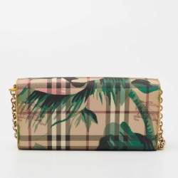 Pre Owned Burberry Multicolor Haymarket Check Floral Coated Canvas and Leather Izzy Wallet on Chain