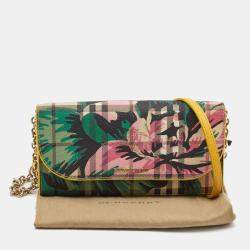 Pre Owned Burberry Multicolor Haymarket Check Floral Coated Canvas and Leather Izzy Wallet on Chain