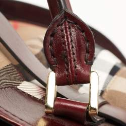 Pre Owned Burberry Burgundy House Check Fabric and Leather Large Bridle Lynher Tote