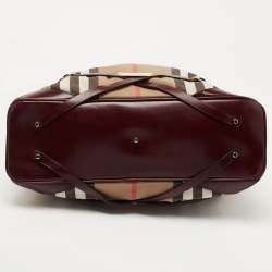 Pre Owned Burberry Burgundy House Check Fabric and Leather Large Bridle Lynher Tote