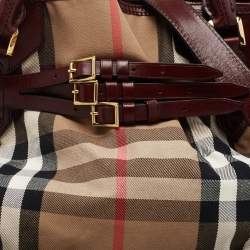 Pre Owned Burberry Burgundy House Check Fabric and Leather Large Bridle Lynher Tote