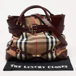 Pre Owned Burberry Burgundy House Check Fabric and Leather Large Bridle Lynher Tote
