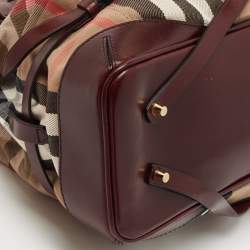 Pre Owned Burberry Burgundy House Check Fabric and Leather Large Bridle Lynher Tote