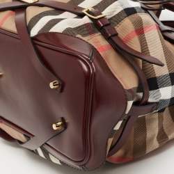 Pre Owned Burberry Burgundy House Check Fabric and Leather Large Bridle Lynher Tote