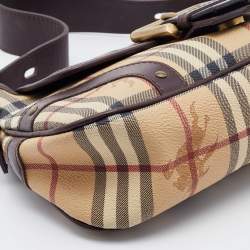 Burberry Beige/Brown Haymarket Check Coated Canvas and Leather Buckle Flap Shoulder Bag