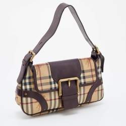 Burberry Beige/Brown Haymarket Check Coated Canvas and Leather Buckle Flap Shoulder Bag
