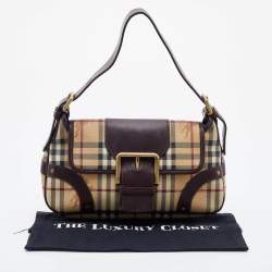 Burberry Beige/Brown Haymarket Check Coated Canvas and Leather Buckle Flap Shoulder Bag