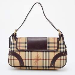 Burberry Beige/Brown Haymarket Check Coated Canvas and Leather Buckle Flap Shoulder Bag