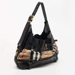 Pre Owned Burberry Black/Beige House Check Canvas and Leather Bridle Shoulder Bag