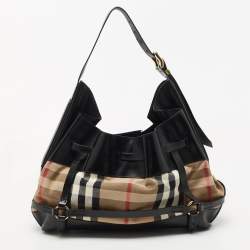 Pre Owned Burberry Black/Beige House Check Canvas and Leather Bridle Shoulder Bag