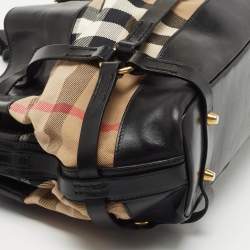 Pre Owned Burberry Black/Beige House Check Canvas and Leather Bridle Shoulder Bag