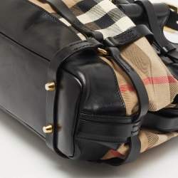 Pre Owned Burberry Black/Beige House Check Canvas and Leather Bridle Shoulder Bag