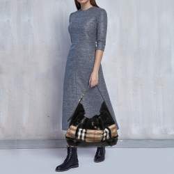 Pre Owned Burberry Black/Beige House Check Canvas and Leather Bridle Shoulder Bag