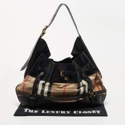 Pre Owned Burberry Black/Beige House Check Canvas and Leather Bridle Shoulder Bag