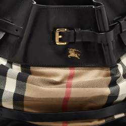 Pre Owned Burberry Black/Beige House Check Canvas and Leather Bridle Shoulder Bag