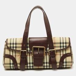 Burberry Brown Leather Harmarket Check Coated Canvas Small Buckle Tote Bag