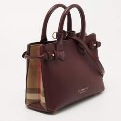 Burberry Burgundy/Beige Leather and House Check Fabric Small Banner Tote