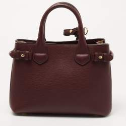 Burberry Burgundy/Beige Leather and House Check Fabric Small Banner Tote