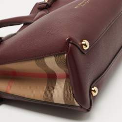 Burberry Burgundy/Beige Leather and House Check Fabric Small Banner Tote