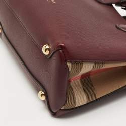 Burberry Burgundy/Beige Leather and House Check Fabric Small Banner Tote