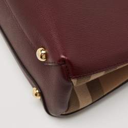 Burberry Burgundy/Beige Leather and House Check Fabric Small Banner Tote