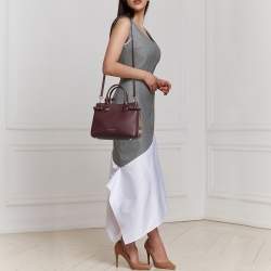 Burberry Burgundy/Beige Leather and House Check Fabric Small Banner Tote