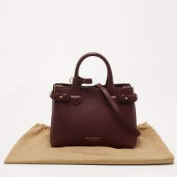 Burberry Burgundy/Beige Leather and House Check Fabric Small Banner Tote