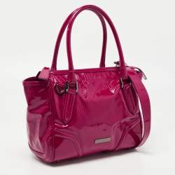 Pre Owned Burberry Fuchsia Check Embossed Patent Leather Tote