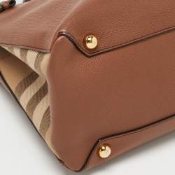 Pre Owned Burberry Beige Leather and House Check Fabric Medium Banner Tote