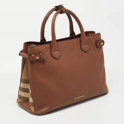 Pre Owned Burberry Beige Leather and House Check Fabric Medium Banner Tote
