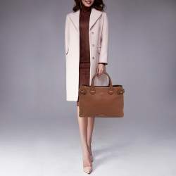 Pre Owned Burberry Beige Leather and House Check Fabric Medium Banner Tote