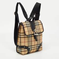 Pre Owned Burberry Black/Beige House Check PVC and Leather Buckle Flap Backpack