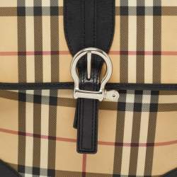 Pre Owned Burberry Black/Beige House Check PVC and Leather Buckle Flap Backpack