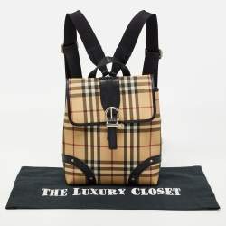 Pre Owned Burberry Black/Beige House Check PVC and Leather Buckle Flap Backpack
