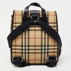 Pre Owned Burberry Black/Beige House Check PVC and Leather Buckle Flap Backpack