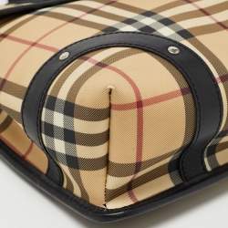 Pre Owned Burberry Black/Beige House Check PVC and Leather Buckle Flap Backpack