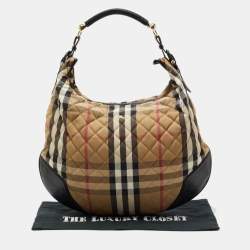 Pre Owned Burberry Beige/Black House Check Fabric and Leather Oversize Hoxton Hobo