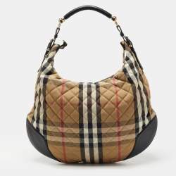 Pre Owned Burberry Beige/Black House Check Fabric and Leather Oversize Hoxton Hobo